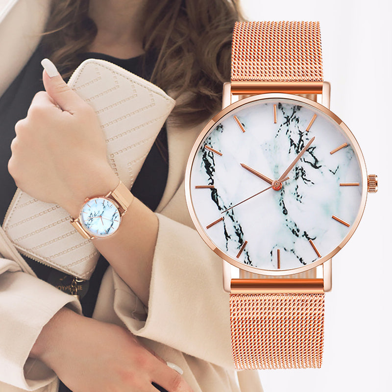 Fashion Rose Gold Mesh Band Creative Marble Female Wristwatch Luxury Women Quartz Gifts